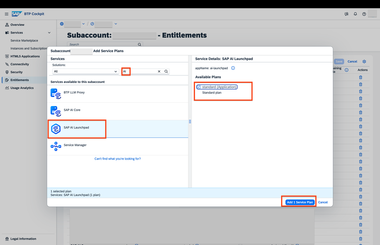Set SAP AI Launchpad as an entitlement