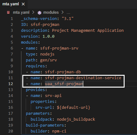 Figure 14 – Bind destination and xsuaa instances to CAP service