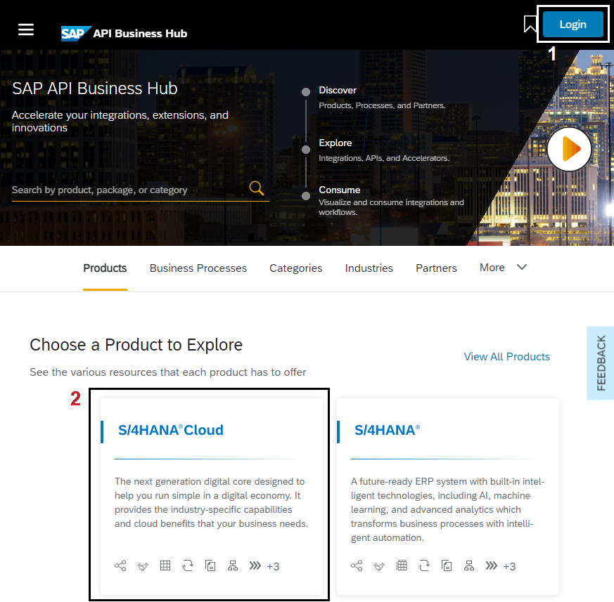 Figure 2 – Login to SAP API Business Hub and access S/4HANA Cloud section