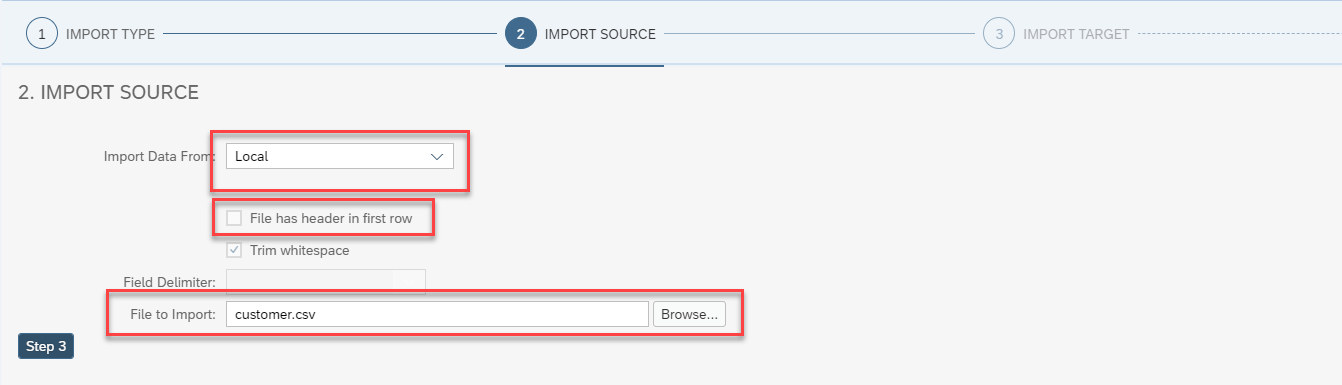 Showing the Import Source step in database explorer.