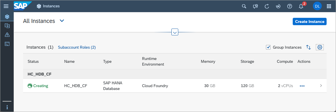 cf instance being created shown in HCC
