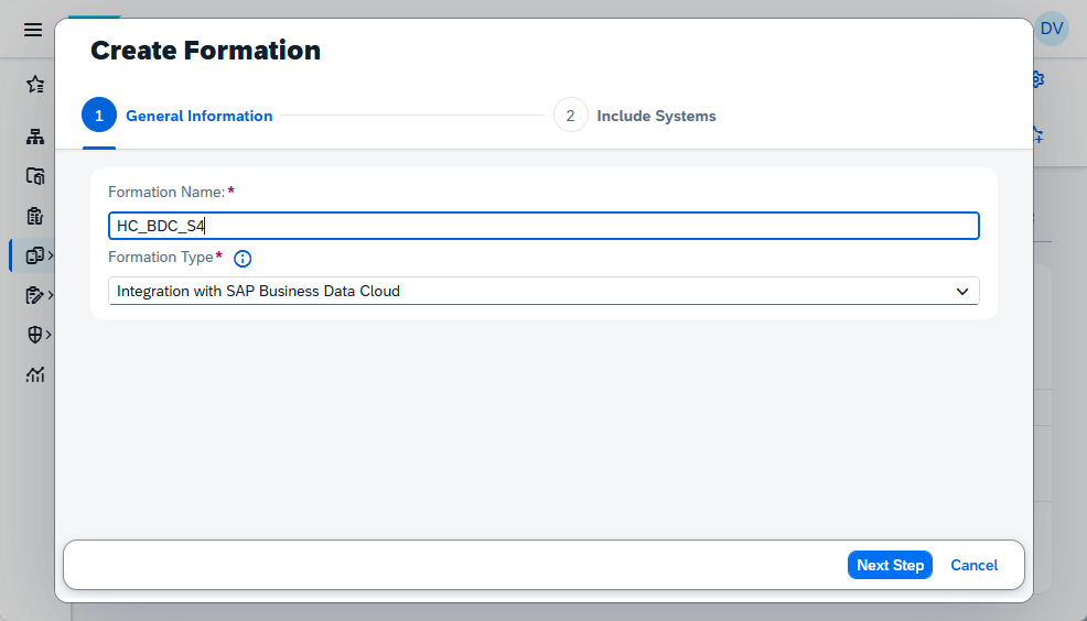 Step 1 of create formation