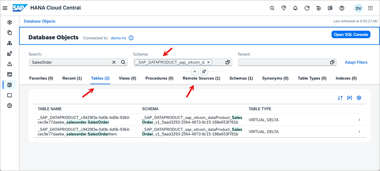 database objects app filtered on schema