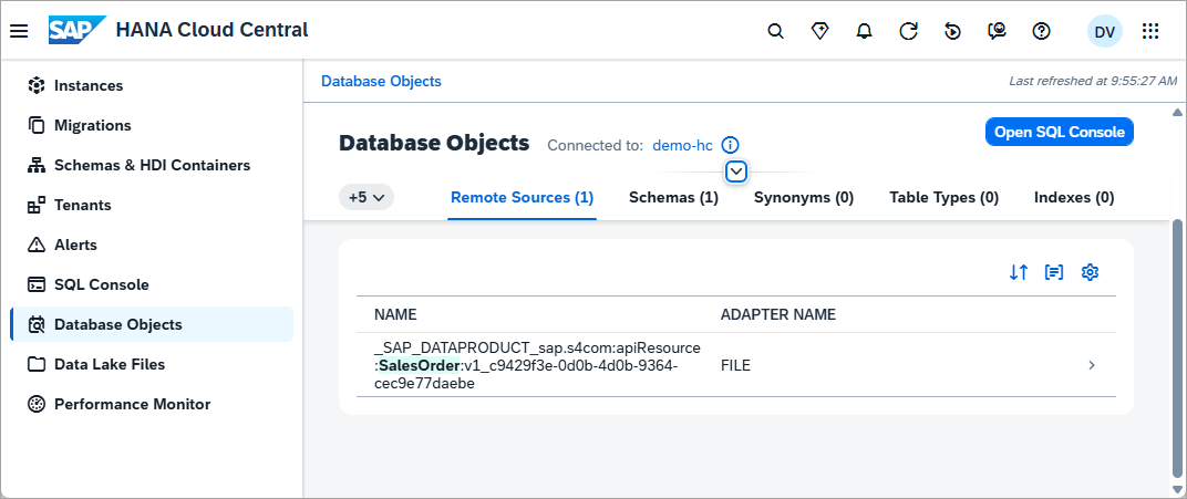 database objects app filtered on schema
