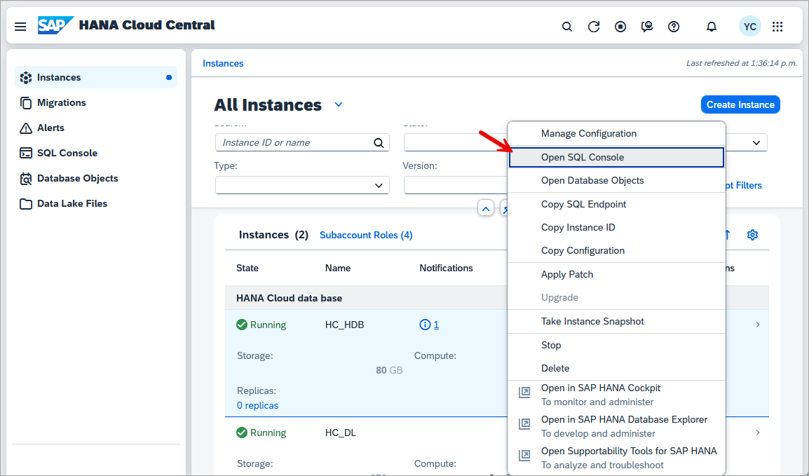 open SQL console from an instance