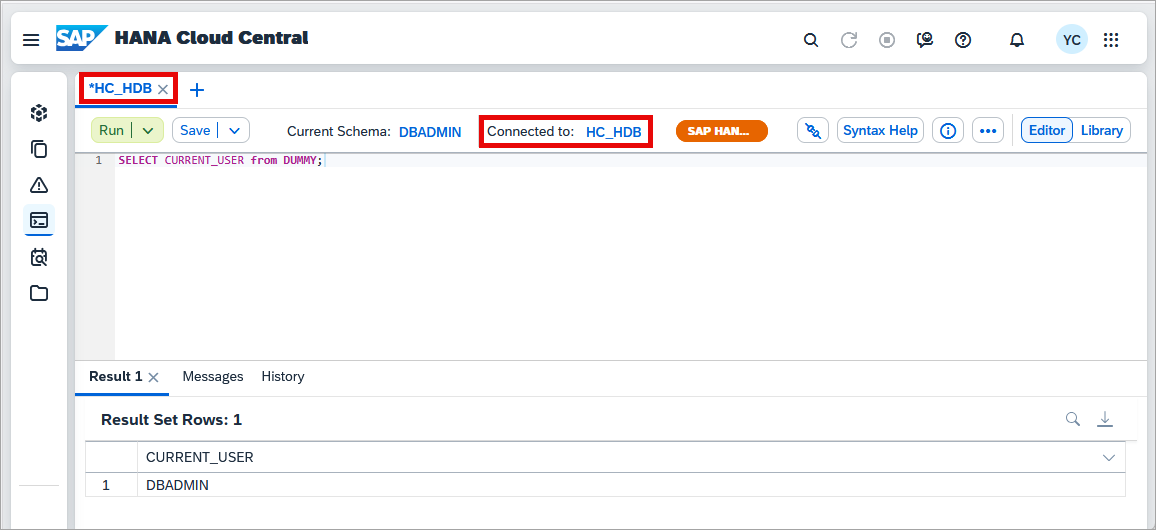 SQL console connected to HC_HDB