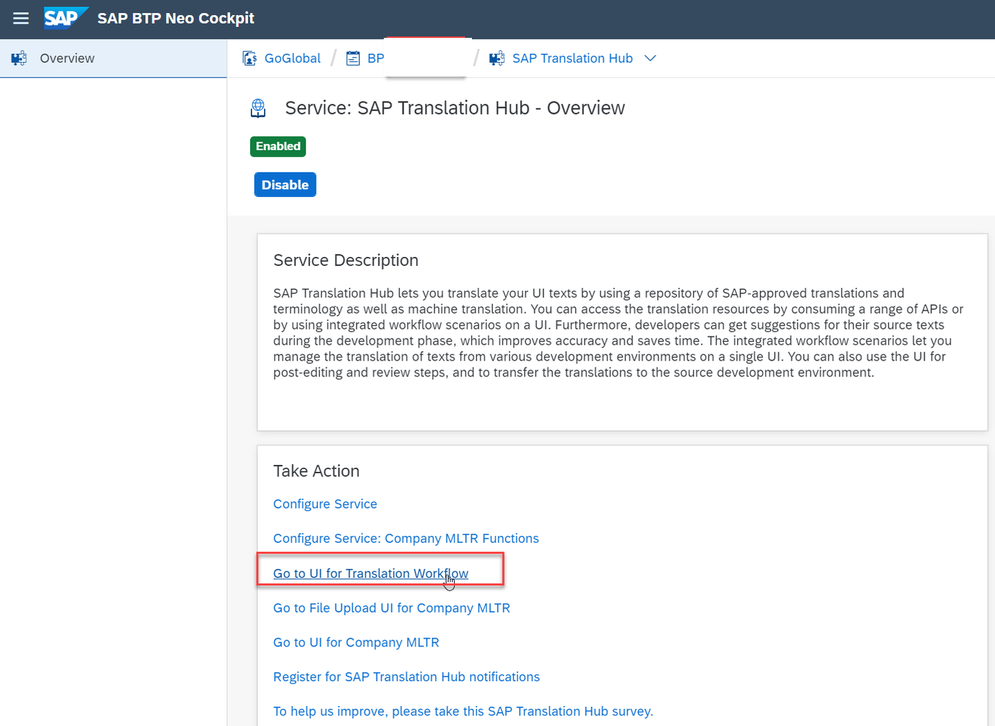 Go to SAP Translation Hub service