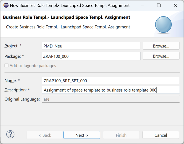 Give name and Description of business role template - launchpad space template assignment