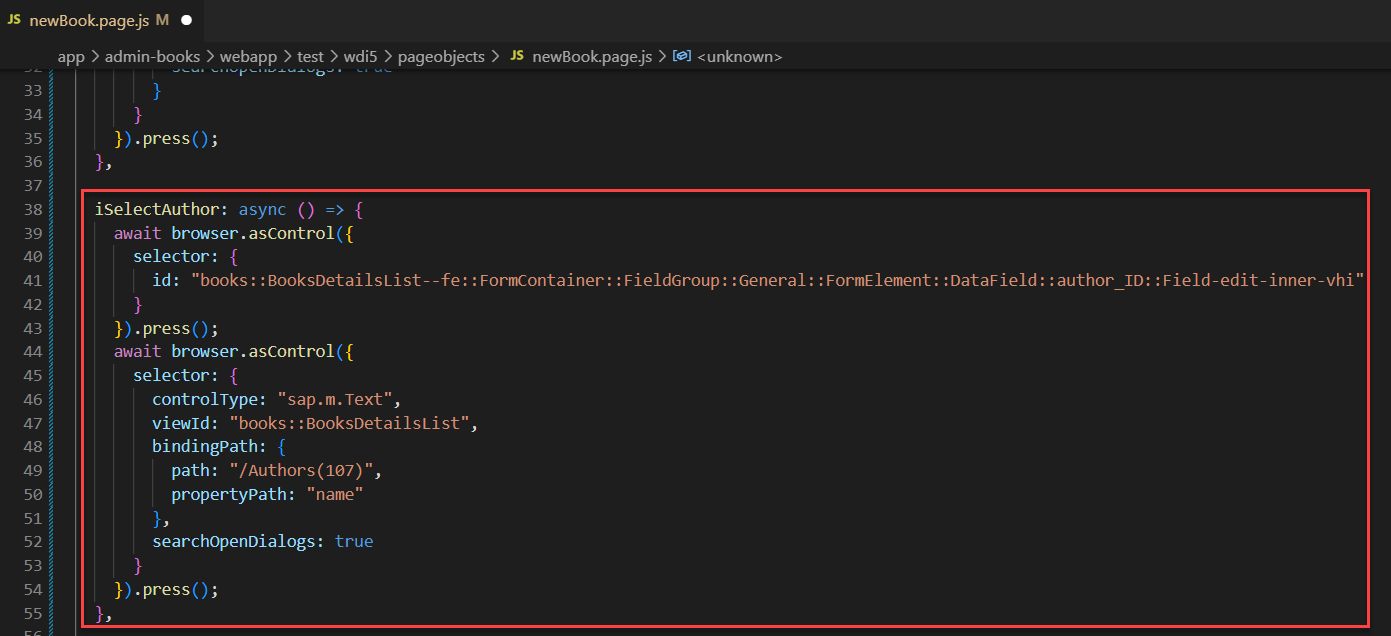newBook.page.js after adding the steps from choosing the author
