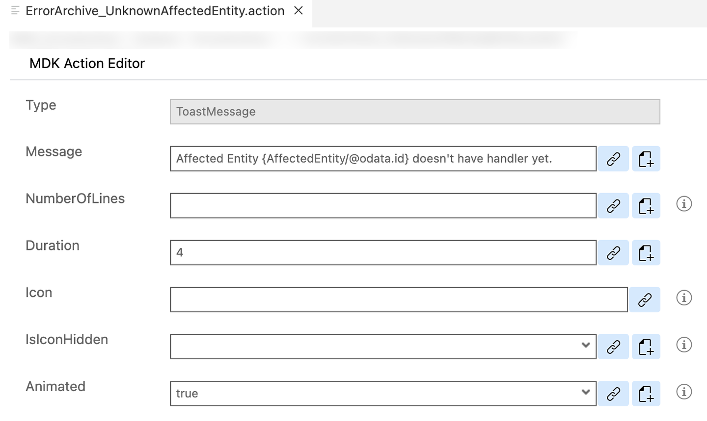 Toast Message Action Properties Configured