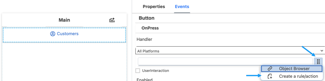 OnPress Handler Create Rule Action Selected