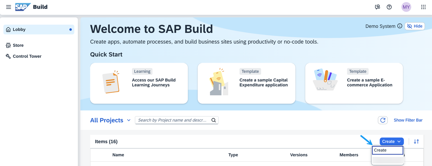 SAP Build Lobby Create Button